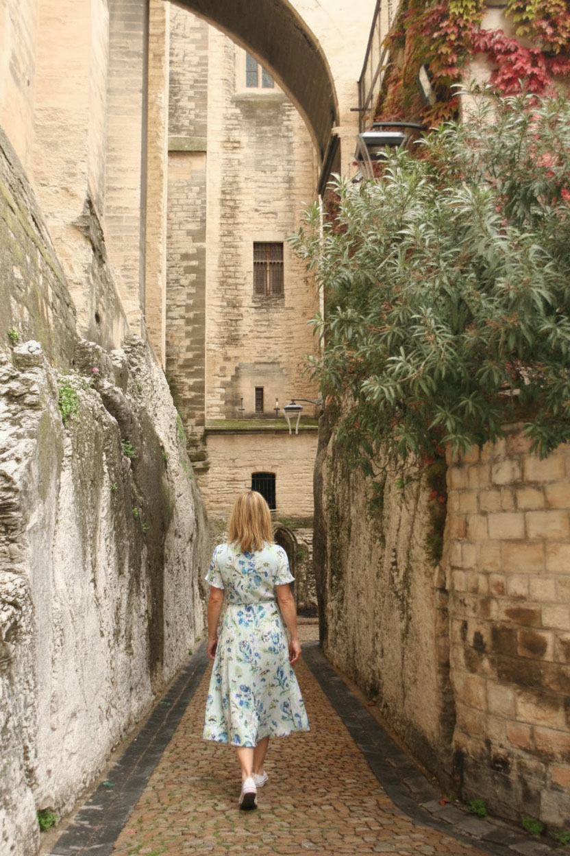 Femme en robe fleurie flânant seule dans une ruelle pavée d'Avignon, entre hauts murs de pierre dorée