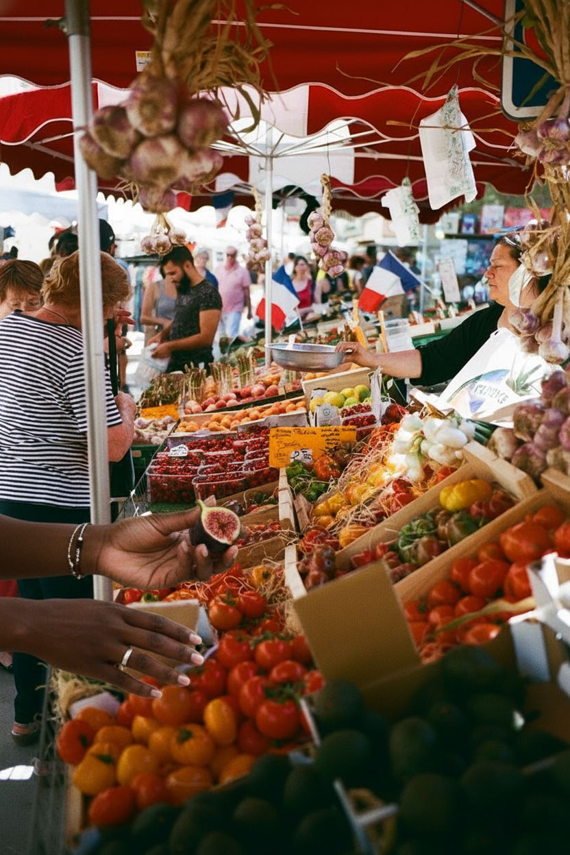 Étal de marché provençal : figues fraîches, tomates et ail dans les mains de Naomi