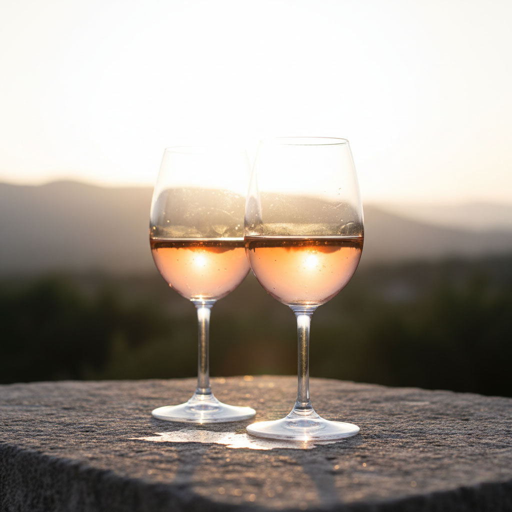 Deux verres de rosé posés sur un muret de pierre, dorés par le coucher de soleil sur les Alpilles