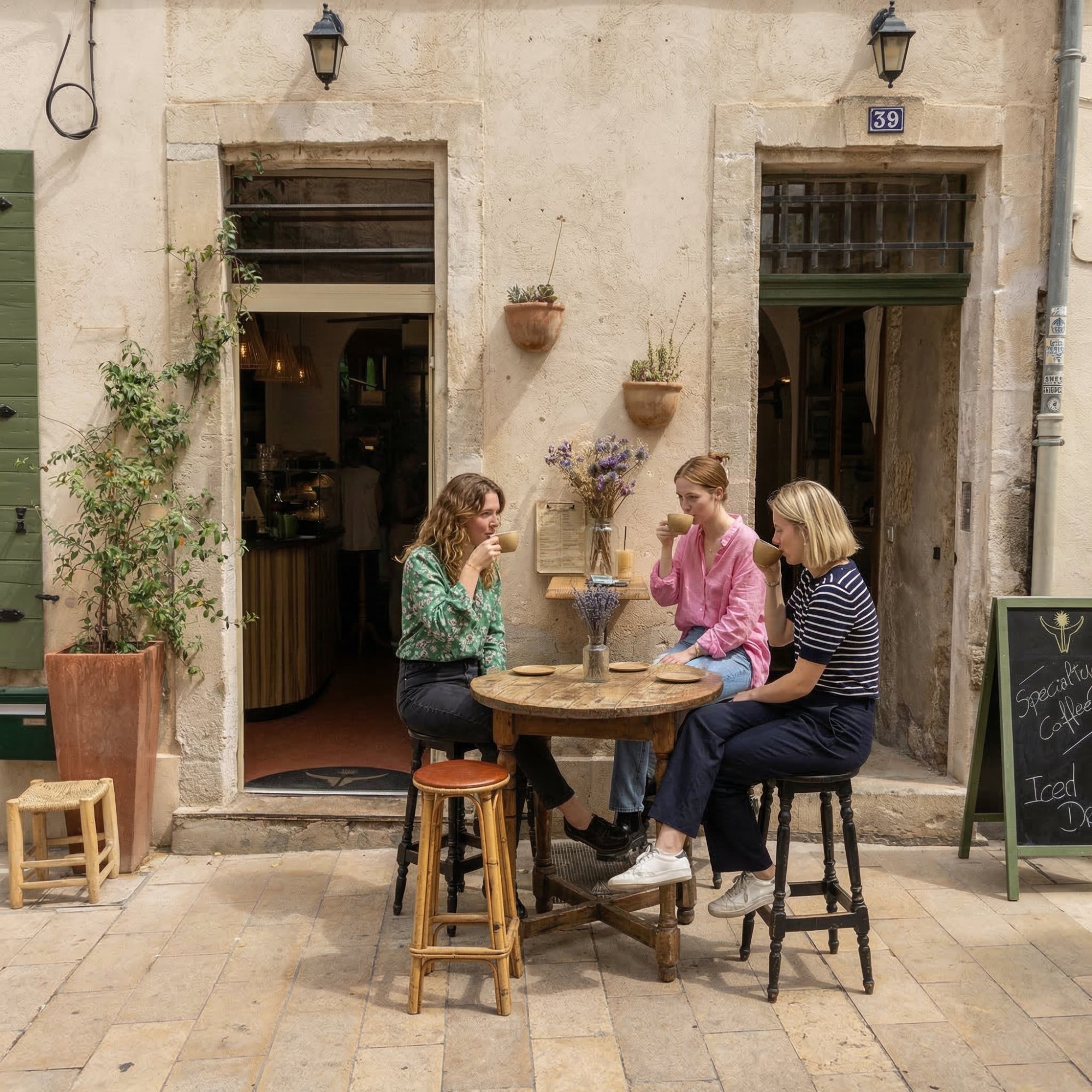 Trois amies autour d'un café en terrasse dans une ruelle pavée de Saint-Rémy-de-Provence